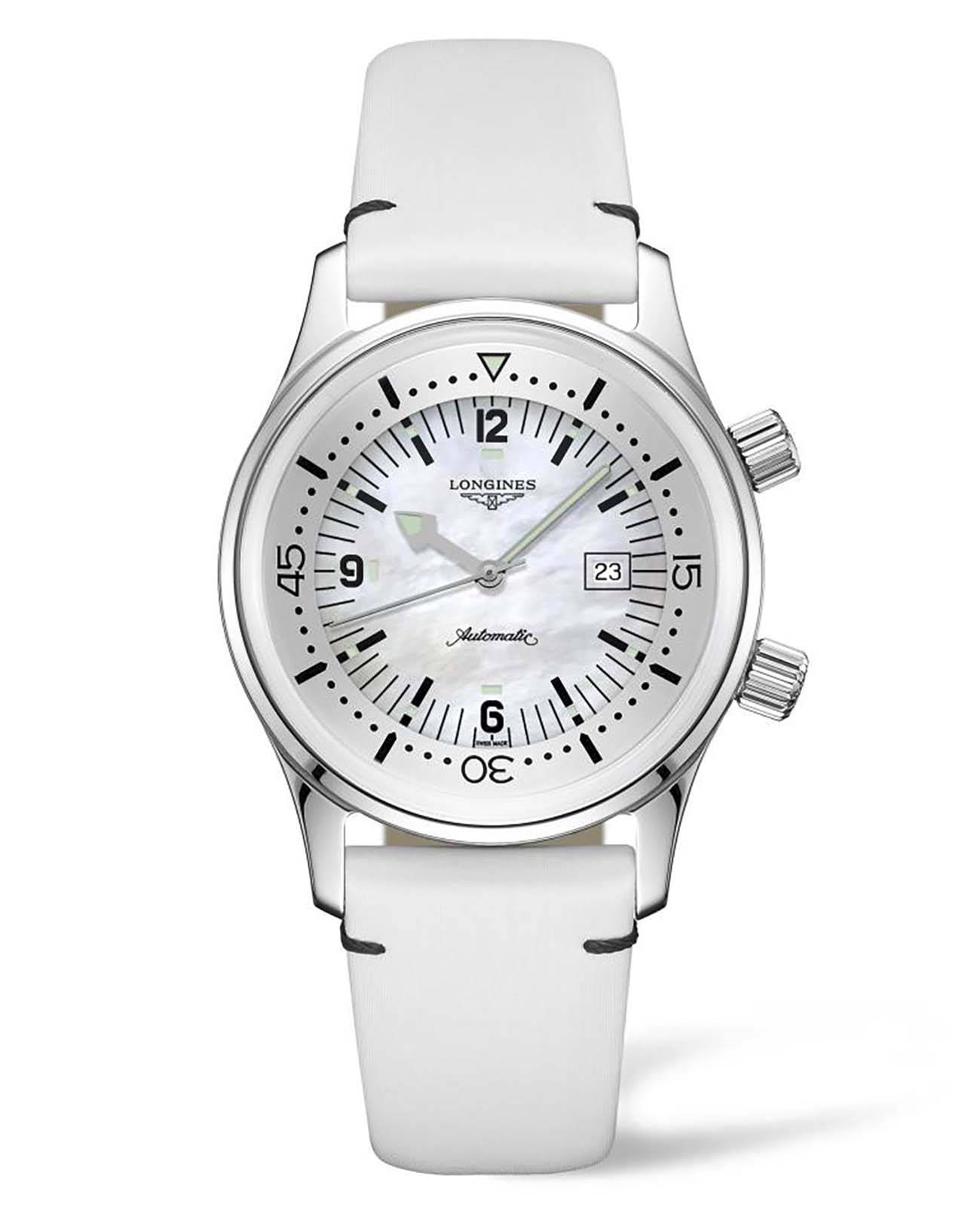 Longines Longines Legend Diver Watch L3.374.4.80.0  L33744800 механические женские часы перламутровый циферблат, браслет кожаный — вид спереди